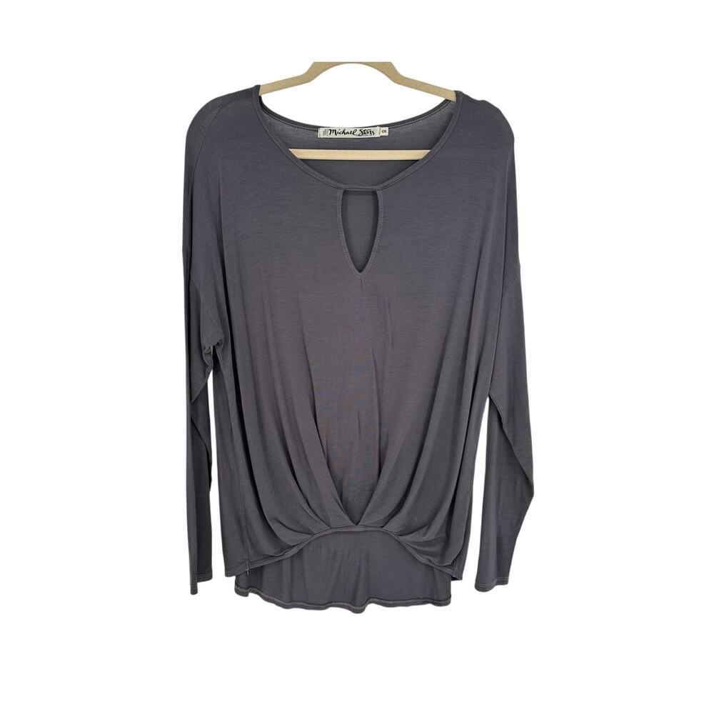 Michael Stars Top Womens OS Gray Draped Surplice Keyhole Long Sleeve Knit USA